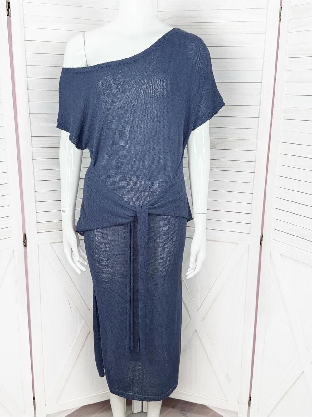 P Cill Sheer Knit Tie Waist Off‎ Shoulder Beach Dress Blue Small Resort Pool